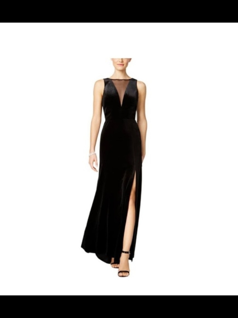 Night Way Collections Black Velvet Formal Gown with Sheer V-Neckline